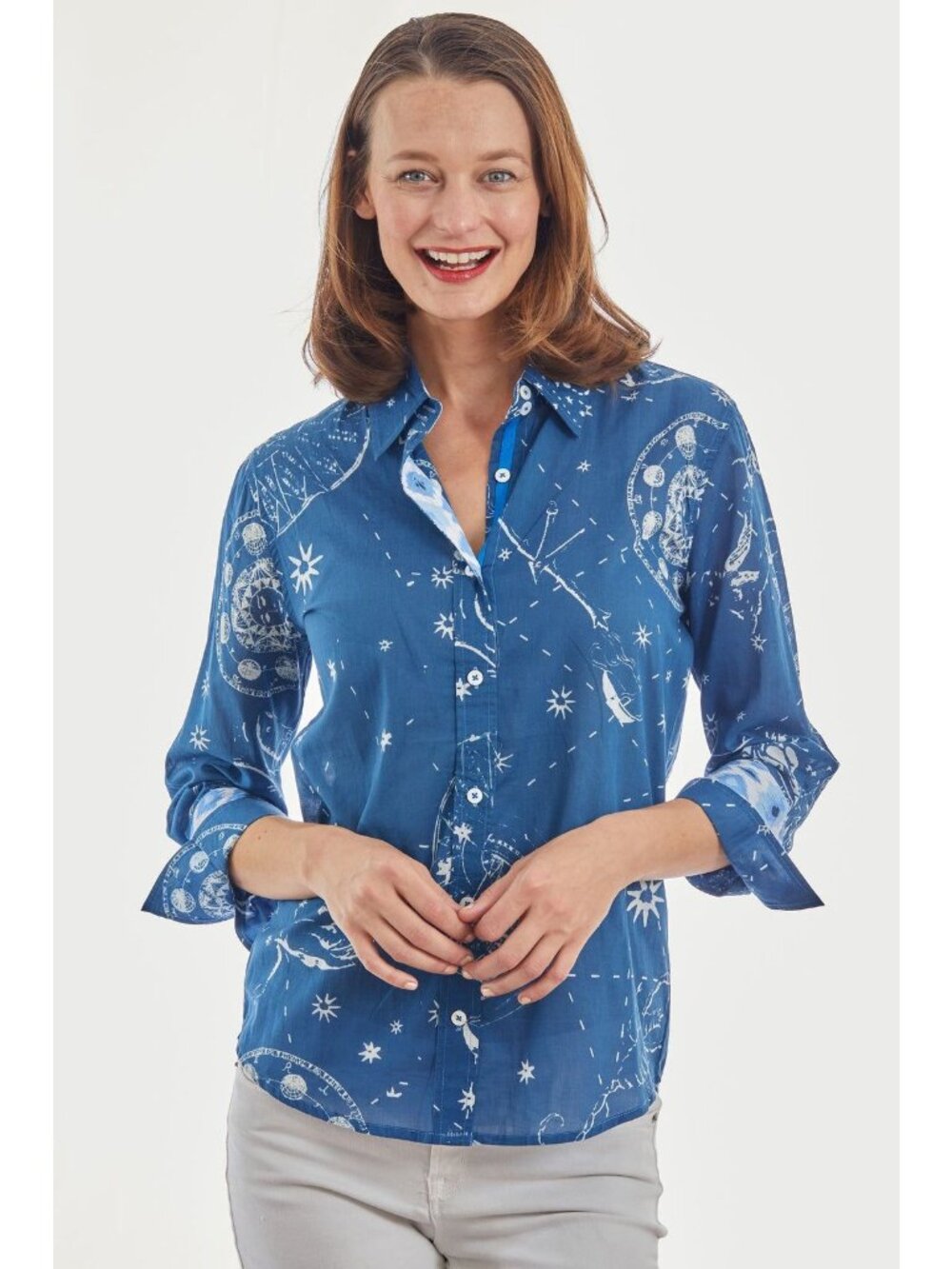Dizzy Lizzie Navy Constellation Print Cotton Voile Rome Shirt Size M Celestial